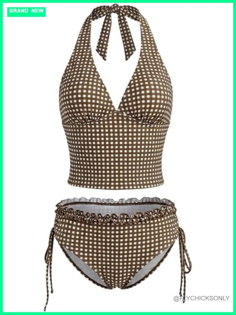 Gingham Tankini Swimsuit Halter Ruffle High Waisted Modest Two Piece Bathing